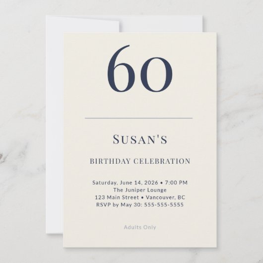 ネイビーとクリーム色のクラシカルな60歳の誕生日お祝い 招待状 (正面)