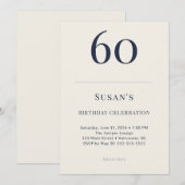 ネイビーとクリーム色のクラシカルな60歳の誕生日お祝い 招待状 (正面/裏面)