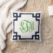 ネイビーとグリーンのギリシャ鍵スクリプトMonogram - STM クッション (ブランケット)