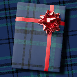 ネイビーとグリーンの伝統的なタータンチェックのクリスマス ラッピングペーパー