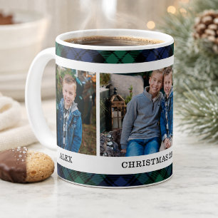 ネイビーとグリーンプレイドのカスタムクリスマスフォト コーヒーマグカップ