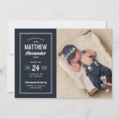 ネイビーとグレーの男の赤ちゃん写真の誕生のお知らせ 案内状 (正面)