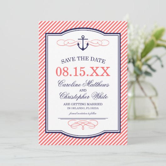 ネイビーとコーラルのアンカーの結婚式 Save the Date 招待状 (スタンド正面)