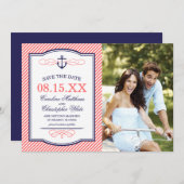 ネイビーとコーラルの航海アンカー写真 Save the Date セーブザデート (正面/裏面)