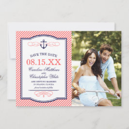 ネイビーとコーラルの航海アンカー写真 Save the Date セーブザデート