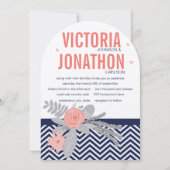 ネイビーとコーラルジグザグシェブロン結婚フローラ 招待状 (正面)