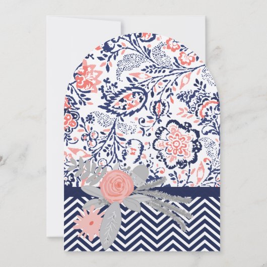 ネイビーとコーラルジグザグシェブロン結婚フローラ 招待状 (裏面)