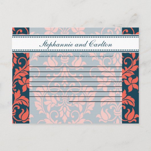 ネイビーとコーラルダマスク結婚式の書き込み可能アドバイスカード アドバイスカード (正面)