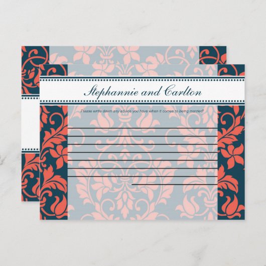 ネイビーとコーラルダマスク結婚式の書き込み可能アドバイスカード アドバイスカード (正面/裏面)