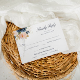 ネイビーとコーラルピンクの花柄の食事選択 RSVP カード