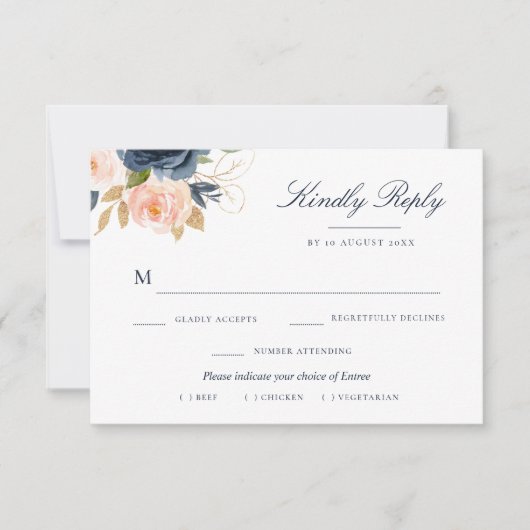 ネイビーとコーラルピンクの花柄の食事選択 RSVP カード (正面)