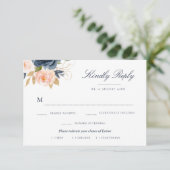 ネイビーとコーラルピンクの花柄の食事選択 RSVP カード (スタンド正面)