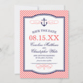 ネイビーとコーラル ノーティカル アンカー Save the Date 招待状 (正面)