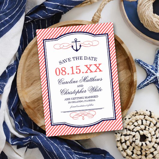 ネイビーとコーラル ノーティカル アンカー Save the Date 招待状