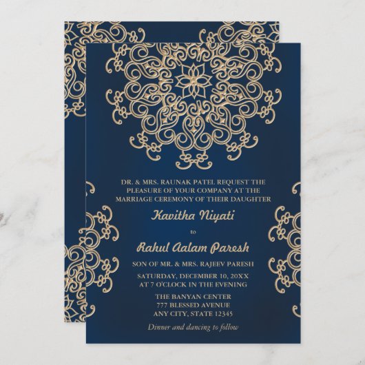ネイビーとゴールドのインド風ウェディング 招待状 (正面/裏面)