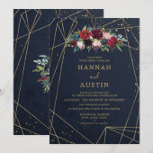 ネイビーとゴールドのエレガントな花の結婚式 招待状 (正面/裏面)