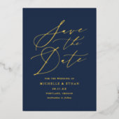 ネイビーとゴールドのカリグラフィー写真 Save the Date 箔招待状 (正面)