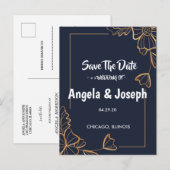 ネイビーとゴールドのフラワーSave the Date 案内ポストカード (正面/裏面)