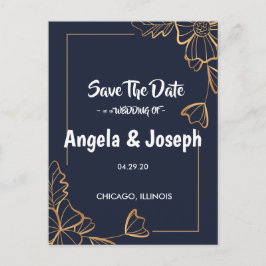 ネイビーとゴールドのフラワーSave the Date 案内ポストカード