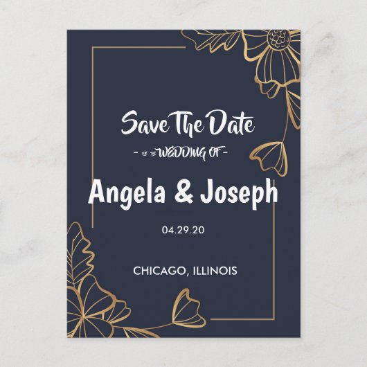ネイビーとゴールドのフラワーSave the Date 案内ポストカード (正面)