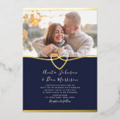 ネイビーとゴールドのロープハート ウェディング 箔招待状 (正面)