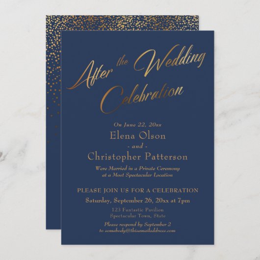 ネイビーとゴールドの結婚式後お祝いラベル 招待状 (正面/裏面)