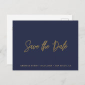 ネイビーとゴールドの結婚式 Save the Date 案内ポストカード (正面/裏面)