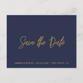 ネイビーとゴールドの結婚式 Save the Date 案内ポストカード (正面)