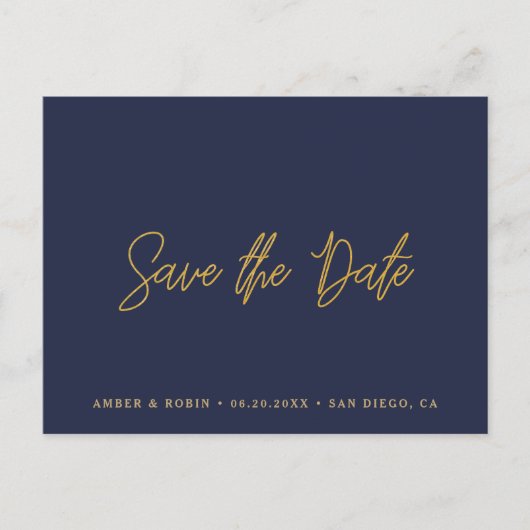 ネイビーとゴールドの結婚式 Save the Date 案内ポストカード (正面)