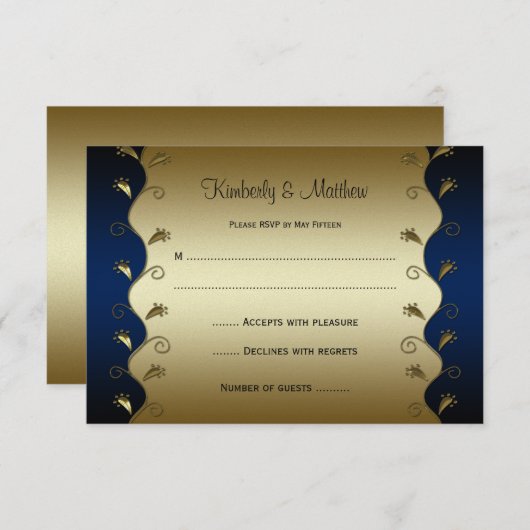 ネイビーとゴールドの花柄の渦巻き RSVP (正面/裏面)