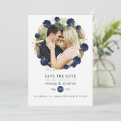 ネイビーとゴールドの花柄の結婚式の写真 セーブザデート (スタンド正面)