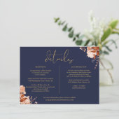 ネイビーとゴールドの花柄の結婚式の詳細情報 招待状 (スタンド正面)