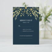 ネイビーとゴールドの葉の フォーマルな結婚式の出欠確認カード 出欠カード (スタンド正面)