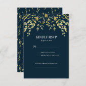 ネイビーとゴールドの葉の フォーマルな結婚式の出欠確認カード 出欠カード (正面/裏面)