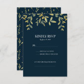 ネイビーとゴールドの葉の フォーマルな結婚式の出欠確認カード 出欠カード (正面/裏面)