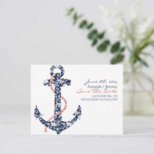 ネイビーとサンゴいかりビーチ日付の保存 案内ポストカード (スタンド正面)