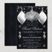 ネイビーとシルバーのグリッターバウブルクリスマススウィート16 招待状 (正面/裏面)