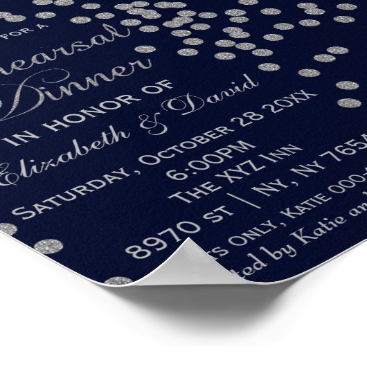 ネイビーとシルバーのグリッター リハーサルディナーサイン ポスター (角)