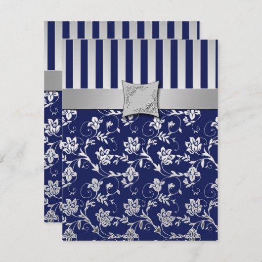 ネイビーとシルバーのフローラつる植物RSVPカード 招待状 (正面/裏面)