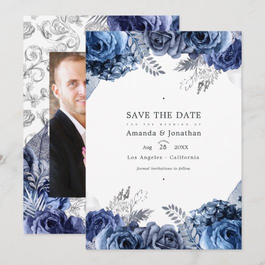 ネイビーとシルバーの偽のホイルの花の結婚式の写真 セーブザデート (正面/裏面)