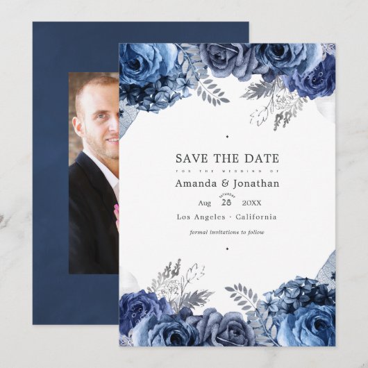ネイビーとシルバーの偽のホイルの花の結婚式の写真 セーブザデート (正面/裏面)