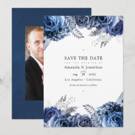 ネイビーとシルバーの偽のホイルの花の結婚式の写真 セーブザデート