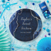 ネイビーとシルバーの瑪瑙の大理石Sweet sixteen ペーパープレート (パーティー)