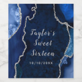 ネイビーとシルバーの瑪瑙の大理石Sweet sixteen ワインラベル (シングルラベル)