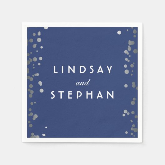 ネイビーとシルバーの紙吹雪ド結婚ット スタンダードカクテルナプキン (正面)