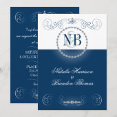 ネイビーとシルバーの結婚式招待状ライン石 招待状 (正面/裏面)