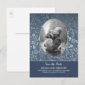 ネイビーとシルバーの花シックな写真日付を保存 案内ポストカード (正面/裏面)