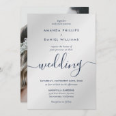 ネイビーとシルバーモダンのスクリプ結婚ト写真 招待状 (正面/裏面)