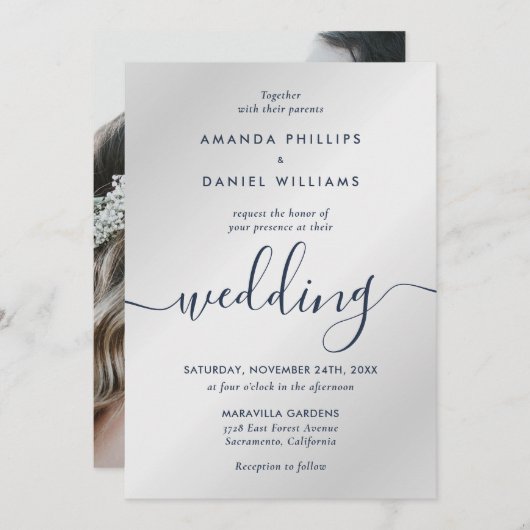 ネイビーとシルバーモダンのスクリプ結婚ト写真 招待状 (正面/裏面)