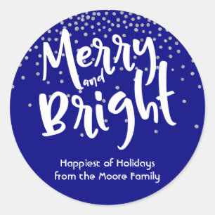 ネイビーとシルバー+ホワイトのコンフェッティで明るいクリスマスをお祝い ラウンドシール